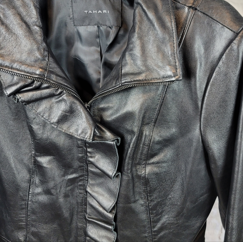 Tahari Leather Ruffle Jacket - Picture 3 of 15